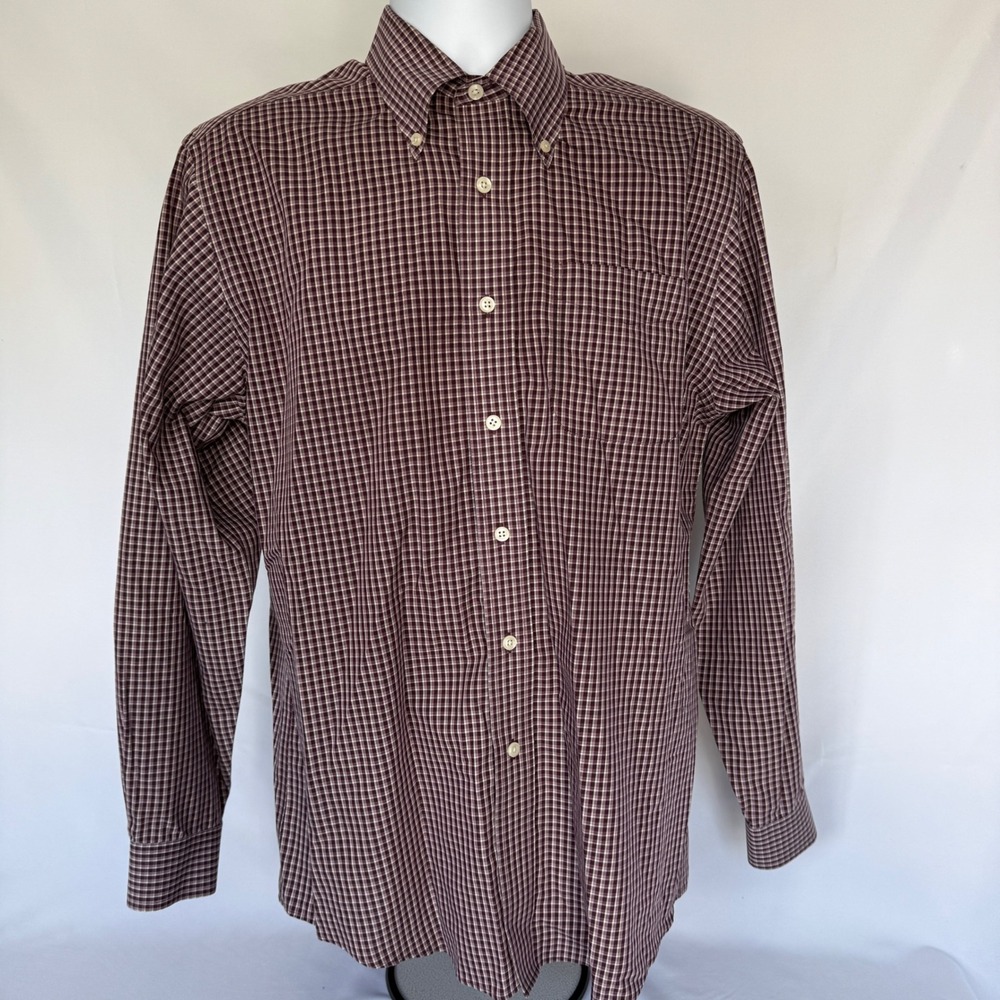 LL Bean Mens Medium Regular Maroon Plaid Cotton Button Down Shirt Long Sleeve